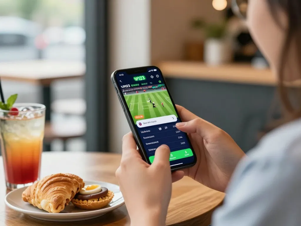 Engaging with the vn23 app for live sports betting at a cozy coffee shop table.