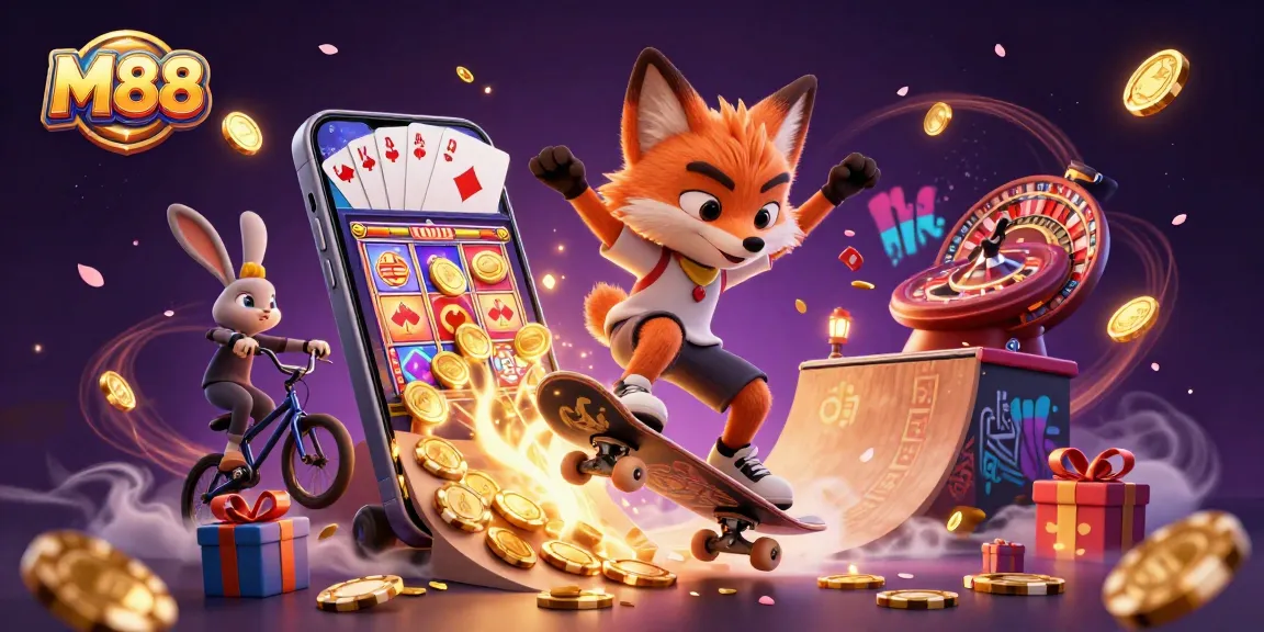 M88 captivates with a vibrant scene of a fox and rabbit in a dynamic casino world.