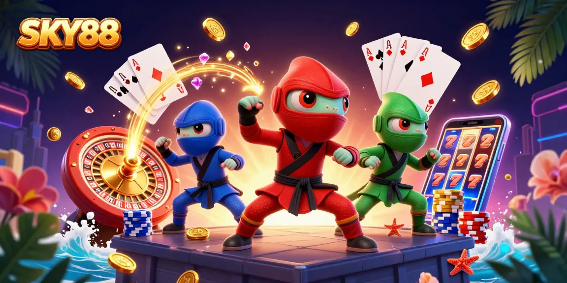 SKY88 showcases a vibrant 3D ninja chameleon team performing martial arts with cascading casino elements.