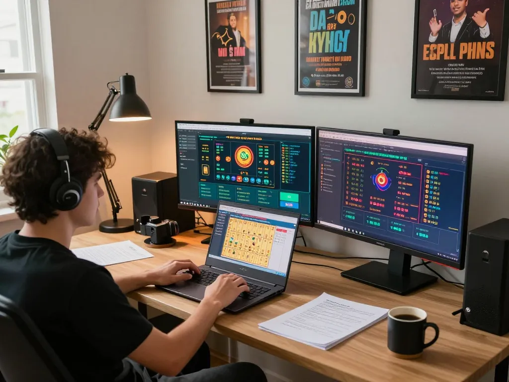 Engaging in lô đề strategies at a stylish home office with a laptop setup, capturing excitement of online gambling.