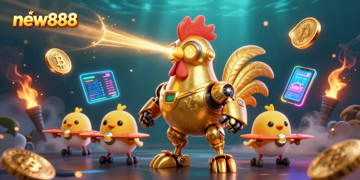 Win big with new888's vibrant casino scene featuring a golden rooster robot and crypto elements.