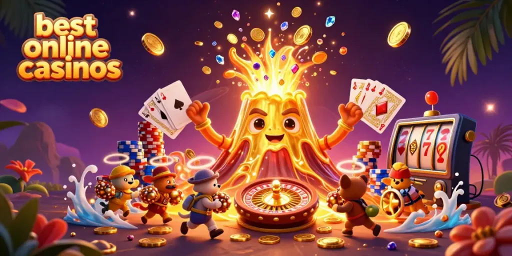 Experience thrilling gameplay at the best online casinos featuring a golden volcano erupting treasure.