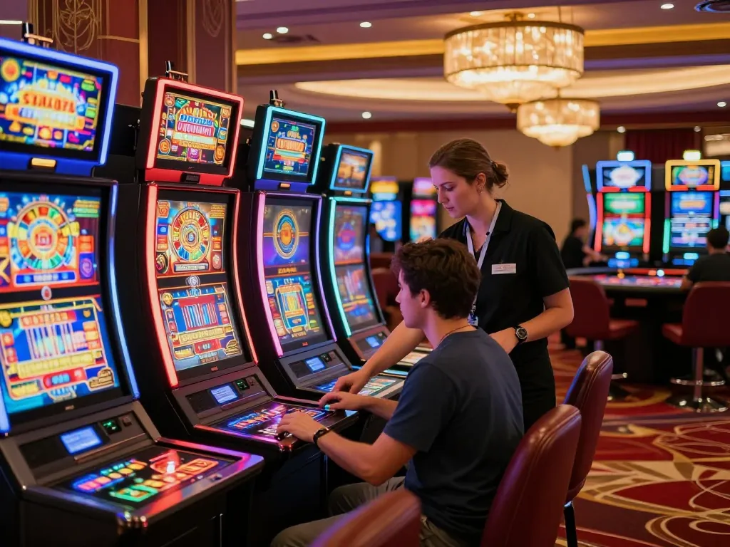 Players enjoying slot machines at ok8386 casino, colorful lights and engaging ambiance.