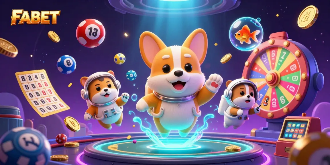 Play and win at FABET games with an astronaut corgi and colorful gambling elements in space.