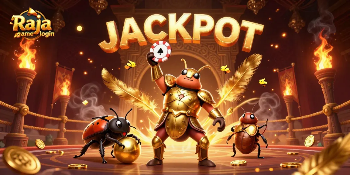 Engage in thrilling wins with Raja game login as a heroic beetle celebrates jackpot victories amidst vibrant casino elements.