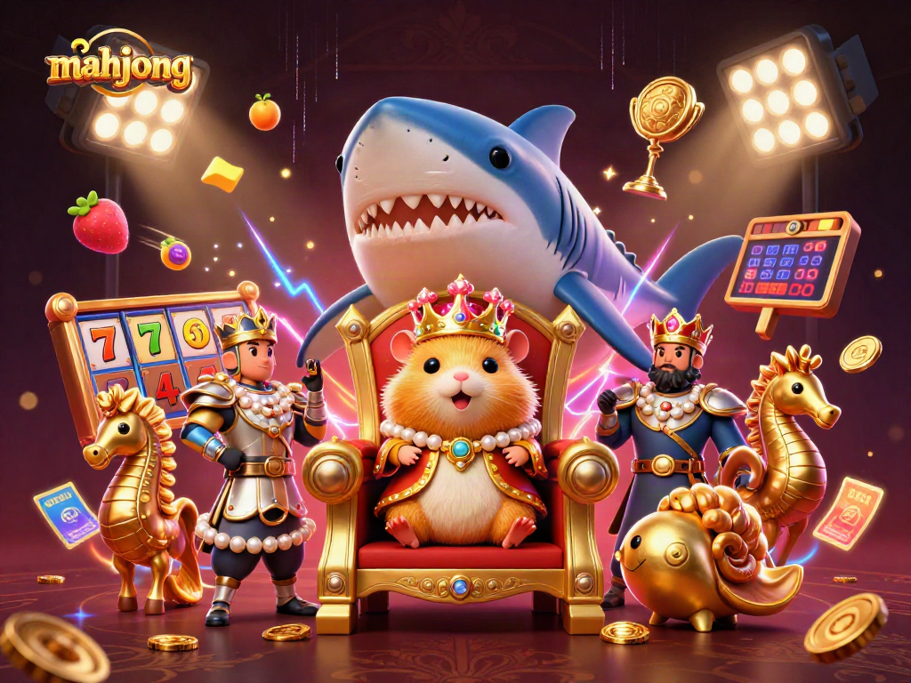 Play mahjong in a vibrant casino scene with dynamic slot elements surrounded by golden hamster royalty.