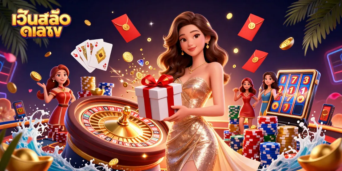 Engage at เว็บสล็อตตรง with a festive scene, showcasing games, prizes, and excitement.