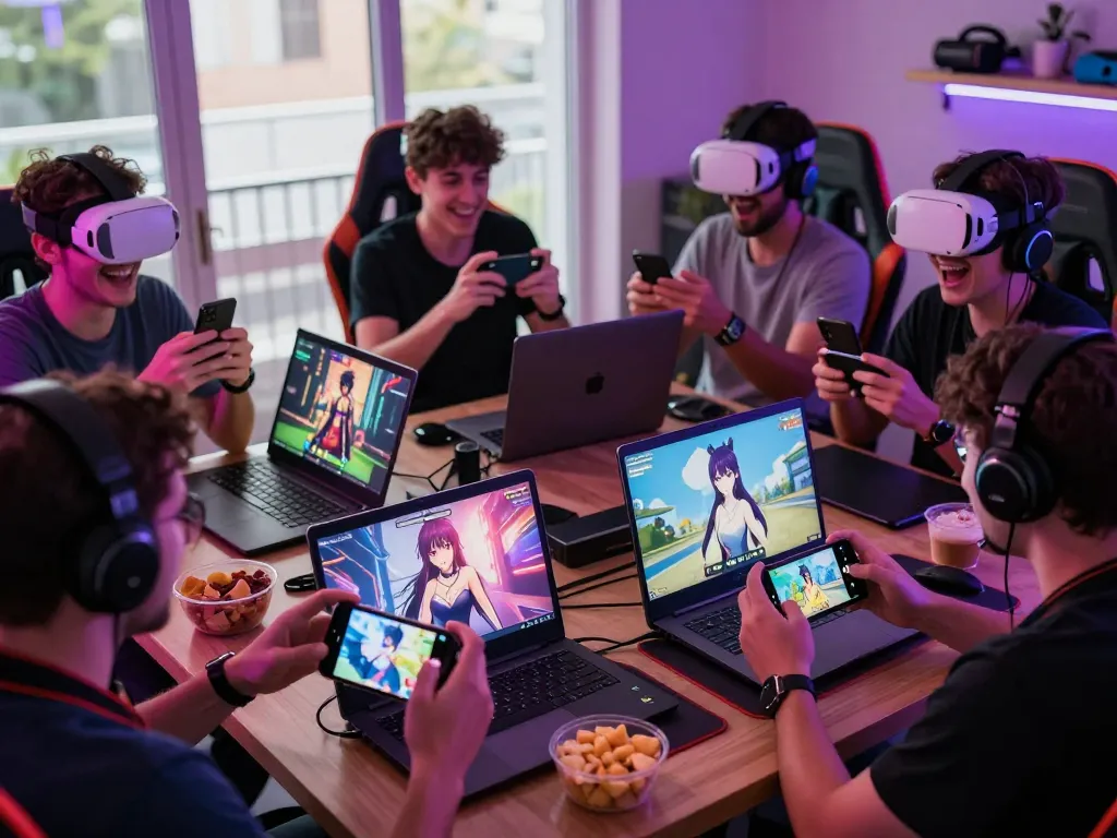 Diverse players enjoying porngames on devices in a vibrant gaming scene.