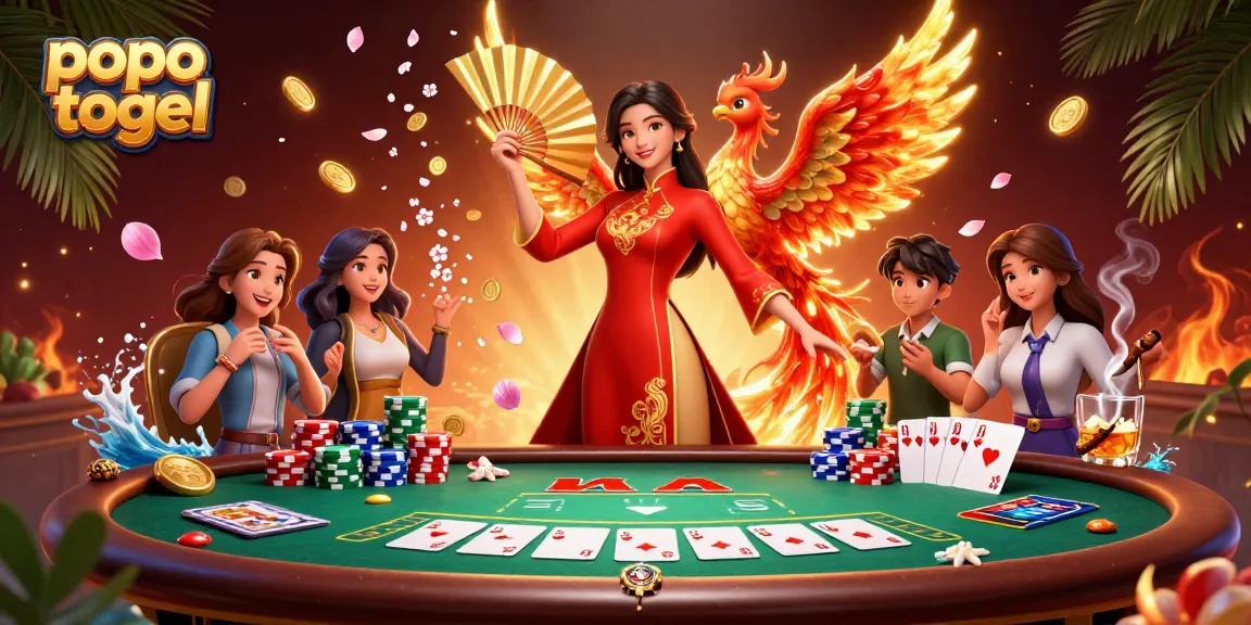 Engage with popo togel in an ultra-detailed casino scene featuring a graceful woman and vibrant poker elements.