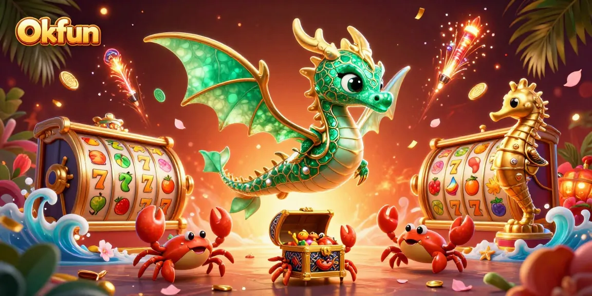 Okfun showcases a vibrant scene of a sea dragon and golden slot reels, perfect for exciting online gaming.