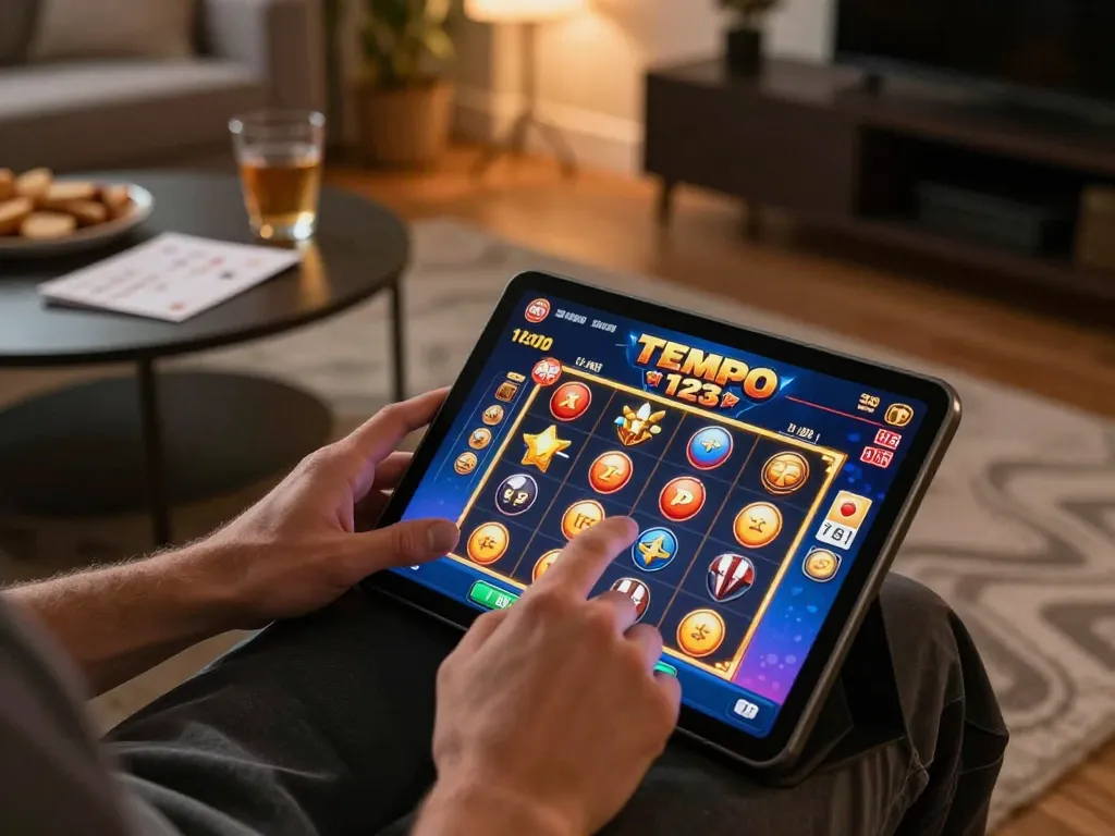 Player enjoying a slot game on Tempo 123 app, showcasing engaging gameplay and cozy setup.