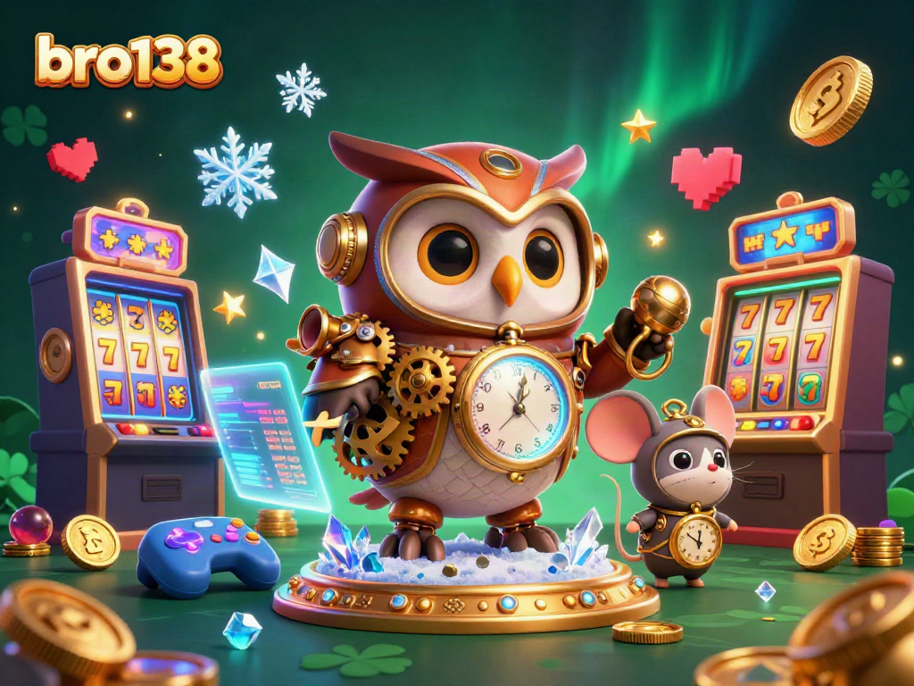 Spin to win with bro138 in this vibrant steampunk casino illustration featuring slots and jackpots!