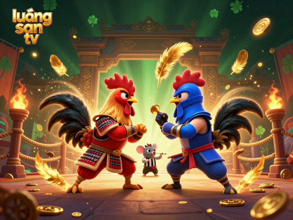 Lương sơn tv showcases twin fighting roosters in a dynamic standoff, surrounded by gambling-themed elements.