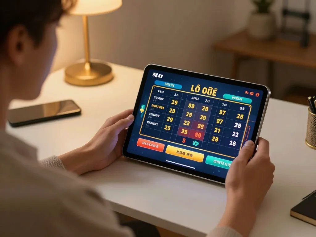 Lô đề online player engaging with tablet showcasing betting options and vibrant numbers.