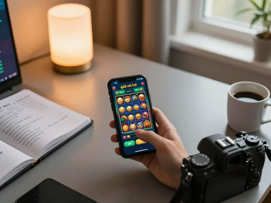 Engage in g28 nổ hũ gameplay as players spin for jackpots on a smartphone in a cozy home setting.