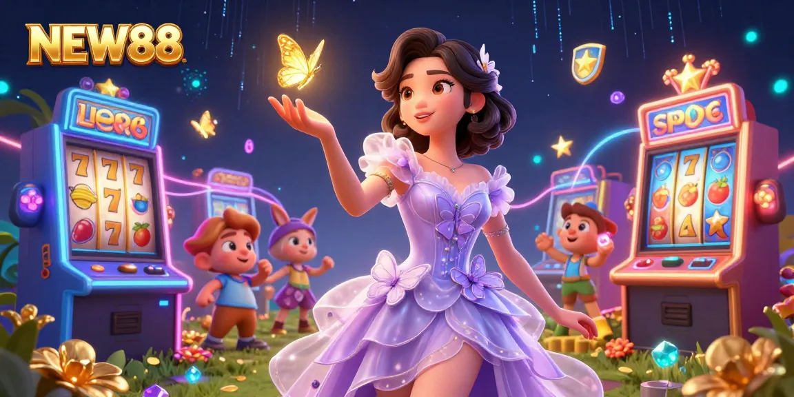 Experience the magic of NEW88 with stunning casino-themed 3D artwork showcasing vibrant slot machines and enchanting elements.
