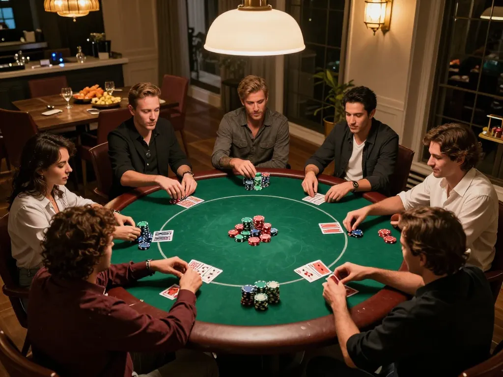 Friends enjoying a poker game night at home, highlighting casinos not on gamstop in a cozy atmosphere.