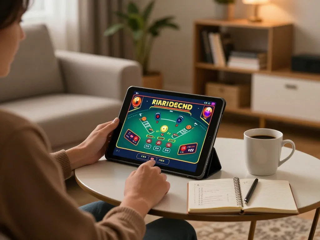 An engaged user at f168.osaka plays live dealer blackjack on a tablet in a cozy home setting.