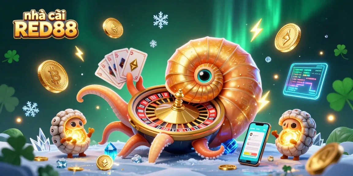 Engage with nhà cái RED88's vibrant casino atmosphere featuring a giant nautilus roulette wheel, cards, and crypto elements.