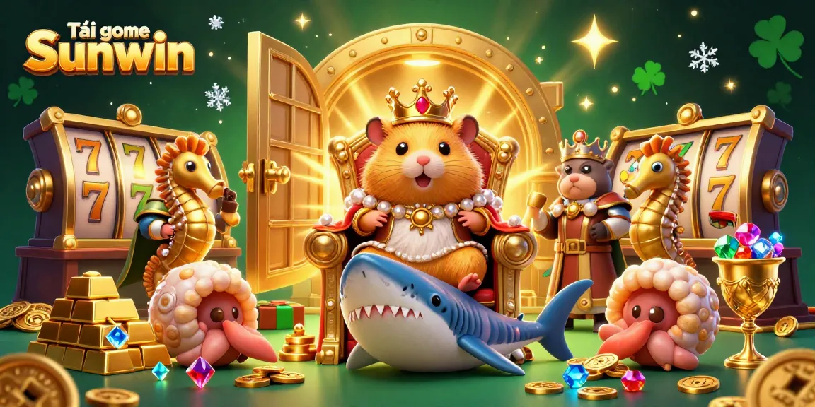 Tải game Sunwin with a golden hamster king and casino elements in a vibrant 3D illustration.