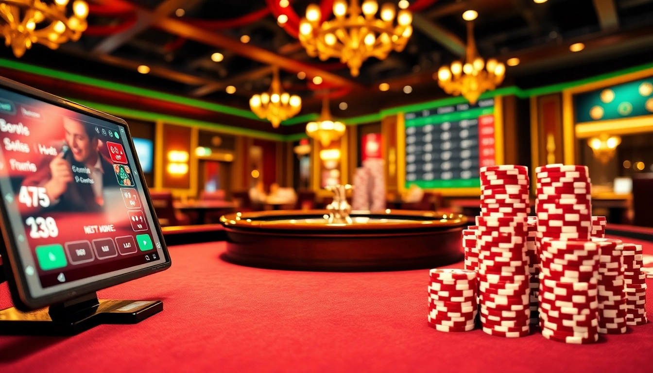 Engage in the vibrant action at https://f8bet.me.uk/ with a luxury casino scene featuring poker games and roulette.
