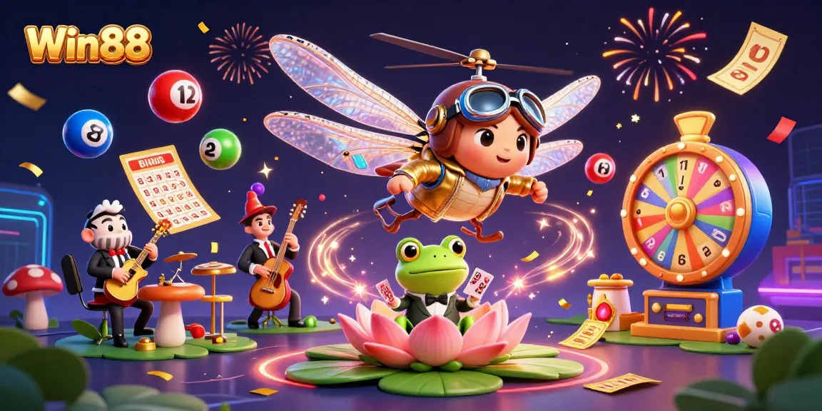 Win88 presents a vibrant scene with a dragonfly pilot, frog croupier, and jazz crickets in action.