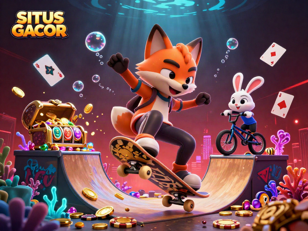 SITUS GACOR showcases thrilling action with a skateboarder fox and BMX rabbit amidst a vibrant casino backdrop.