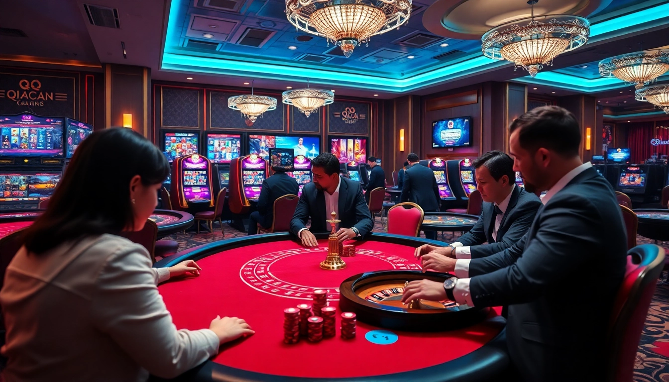 Experience thrilling gameplay at qqmacan with vibrant slot machines and elegant casino surroundings.