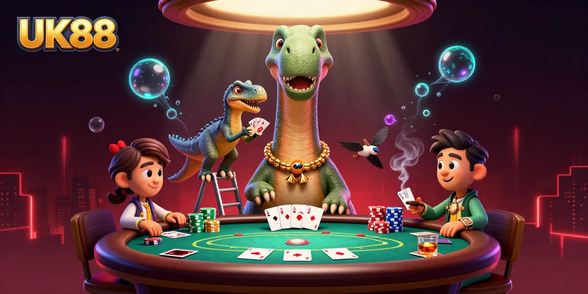 Join the excitement at UK88 with playful dinosaurs at a vibrant casino poker game!