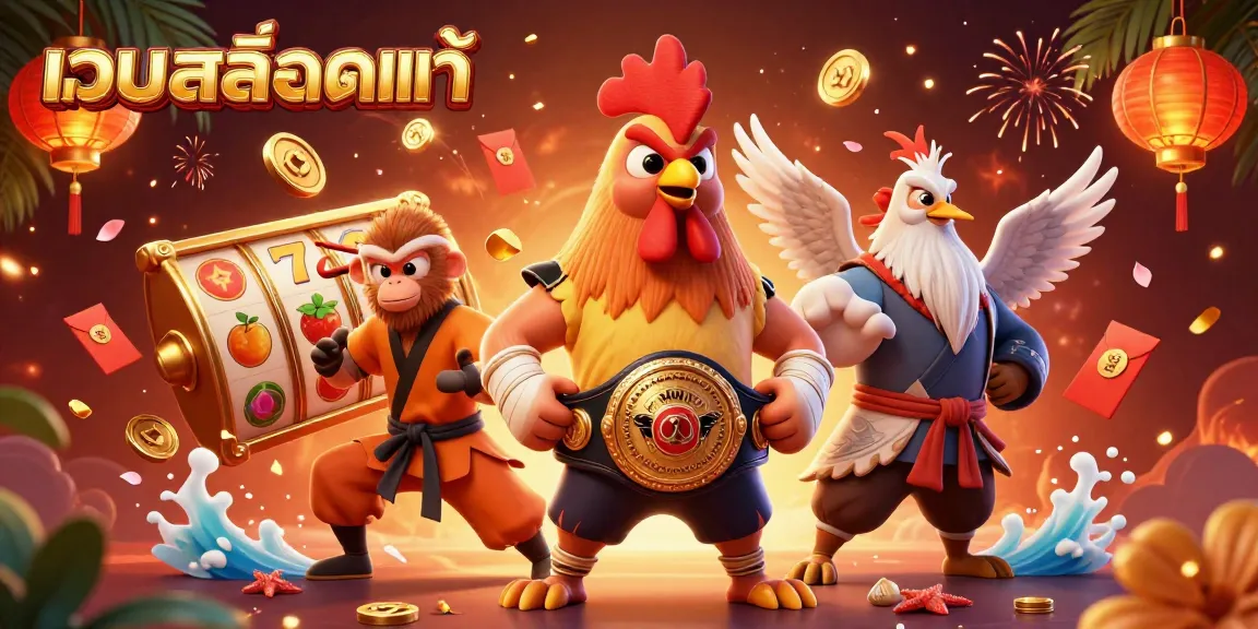 Engage in thrilling gameplay with เว็บสล็อตแท้ featuring a fierce Muay Thai rooster and vibrant slot elements.