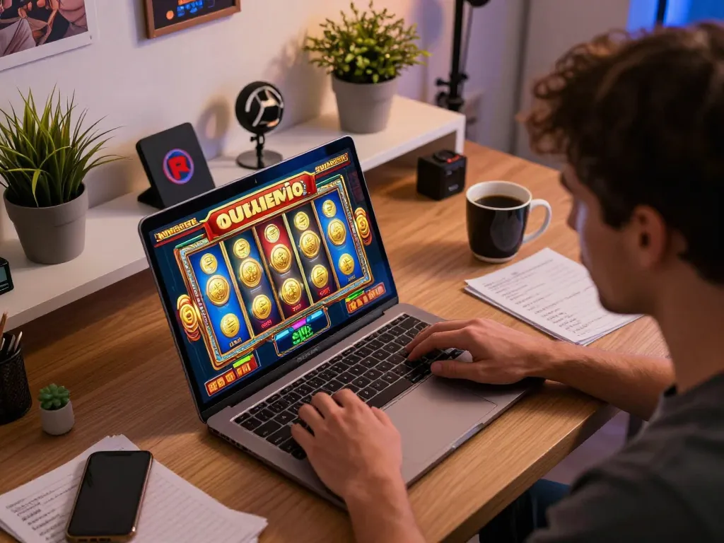 Kuwin player enjoying online slots in a cozy home office with vibrant visuals