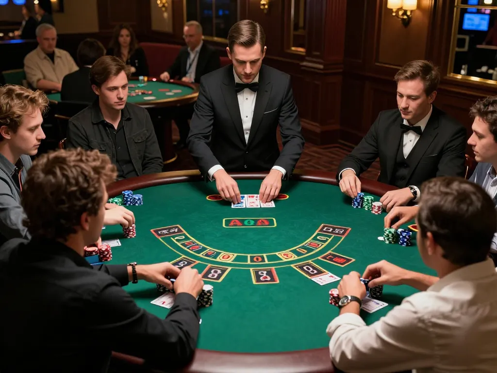 I9BET players strategizing during an intense blackjack game, reflecting excitement in a luxurious setting.