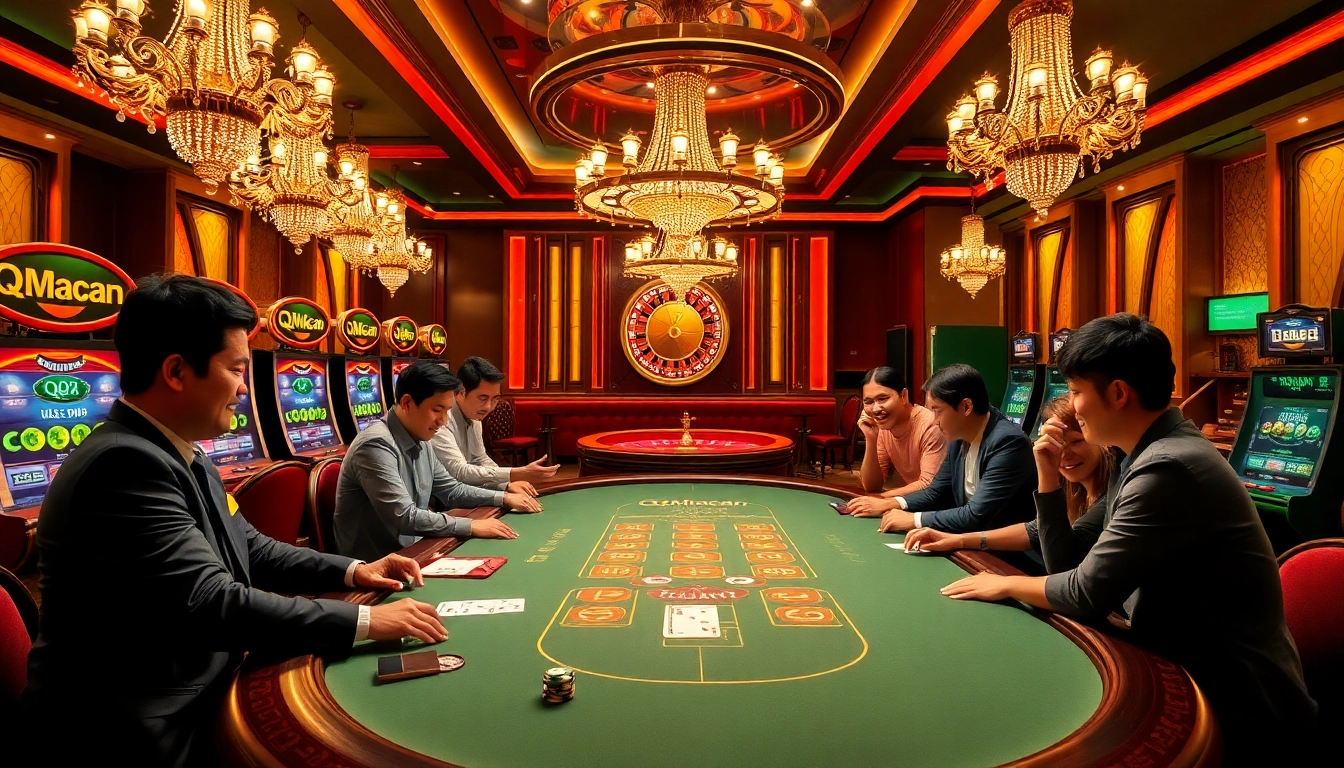 Players enjoying exciting blackjack at QQMacan's vibrant casino with dazzling slot machines.