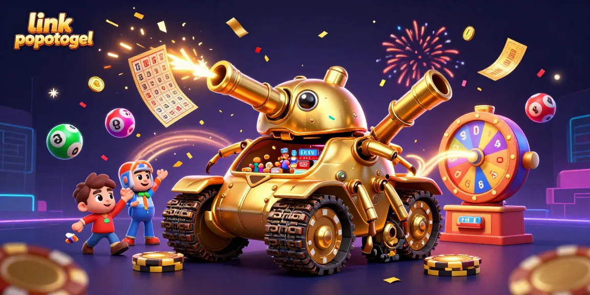 Unleash excitement with link popotogel, featuring a vibrant 3D casino scene packed with festive elements.