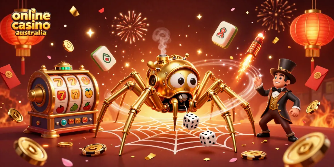 Experience the thrill of online casino Australia with vibrant imagery of a steampunk spider and casino elements.