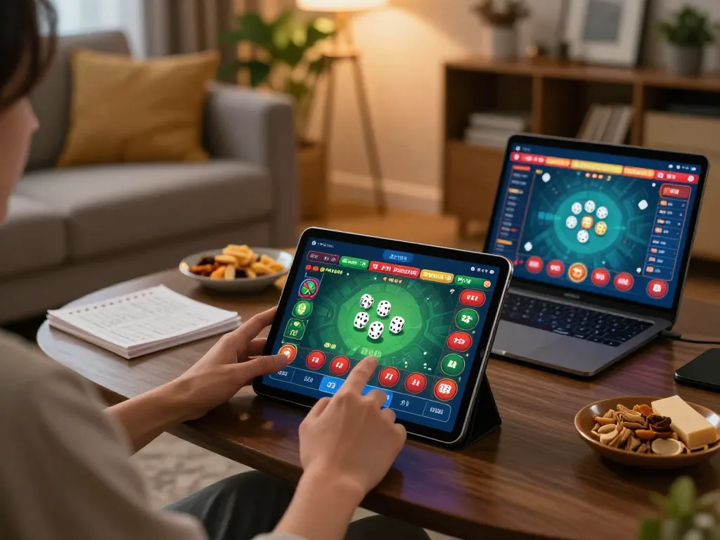Engaging gameplay display of app tài xỉu online on a stylish tablet amidst a cozy home atmosphere, emphasizing strategic betting.
