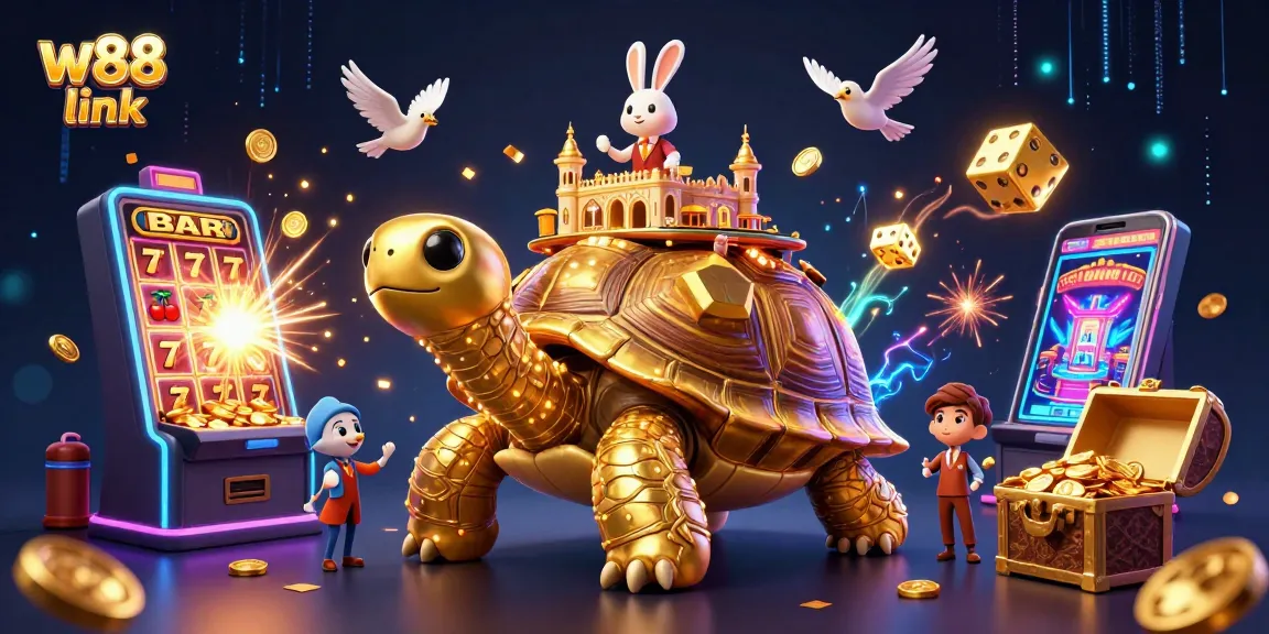 Explore the exciting w88 link with a vibrant casino scene featuring a golden tortoise and dynamic gaming elements.