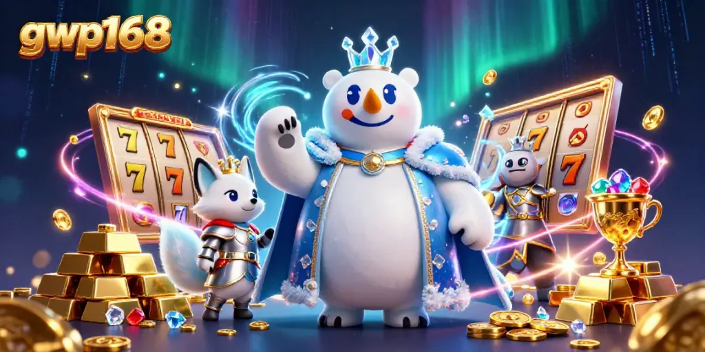Gwp168 menampilkan slot jackpot dengan beruang kutub raja dan rubah bersenjata dalam ilustrasi 3D