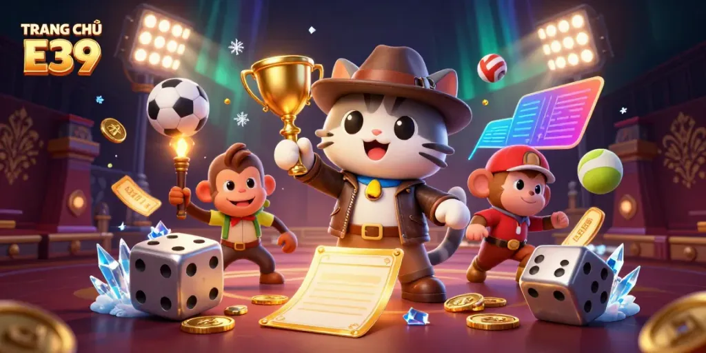 Engage with TRANG CHỦ E39 through vibrant cartoon-style gaming adventures featuring sports balls and golden artifacts.