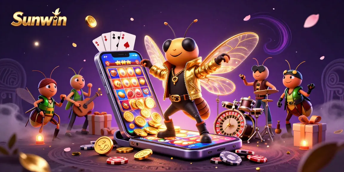 Spin winning reels with Sunwin, a vibrant casino illustration showing dynamic characters and thrilling game elements.