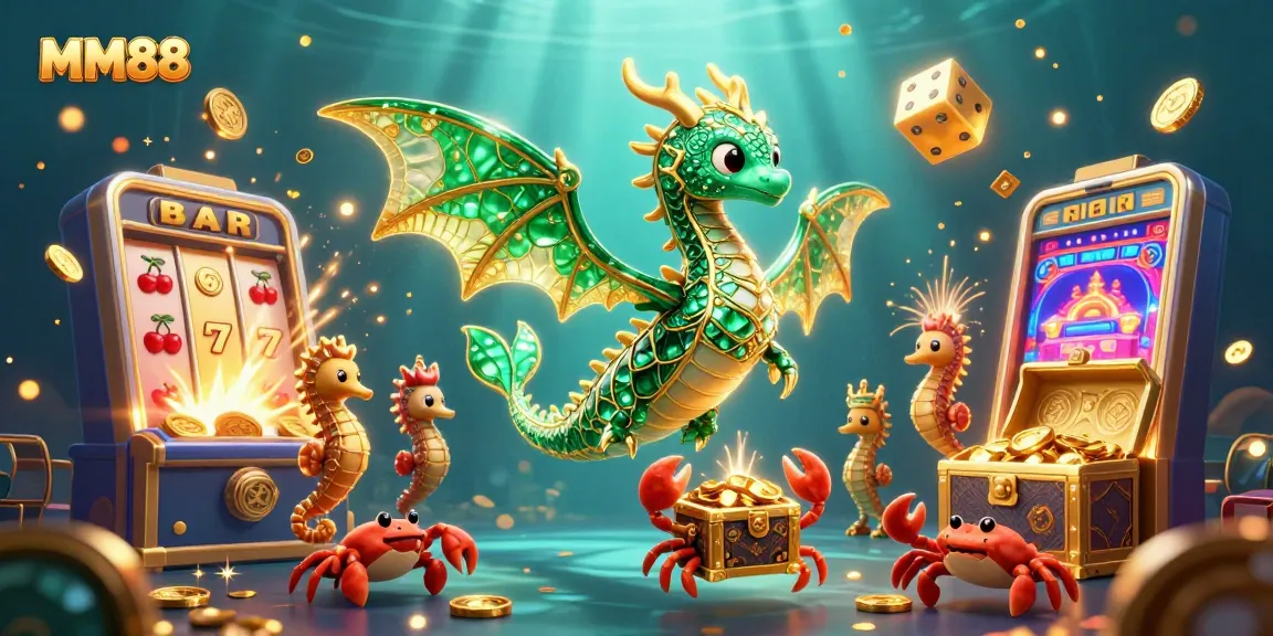 Experience MM88 with a vibrant underwater scene featuring a dragon and slot machines bursting with prizes.