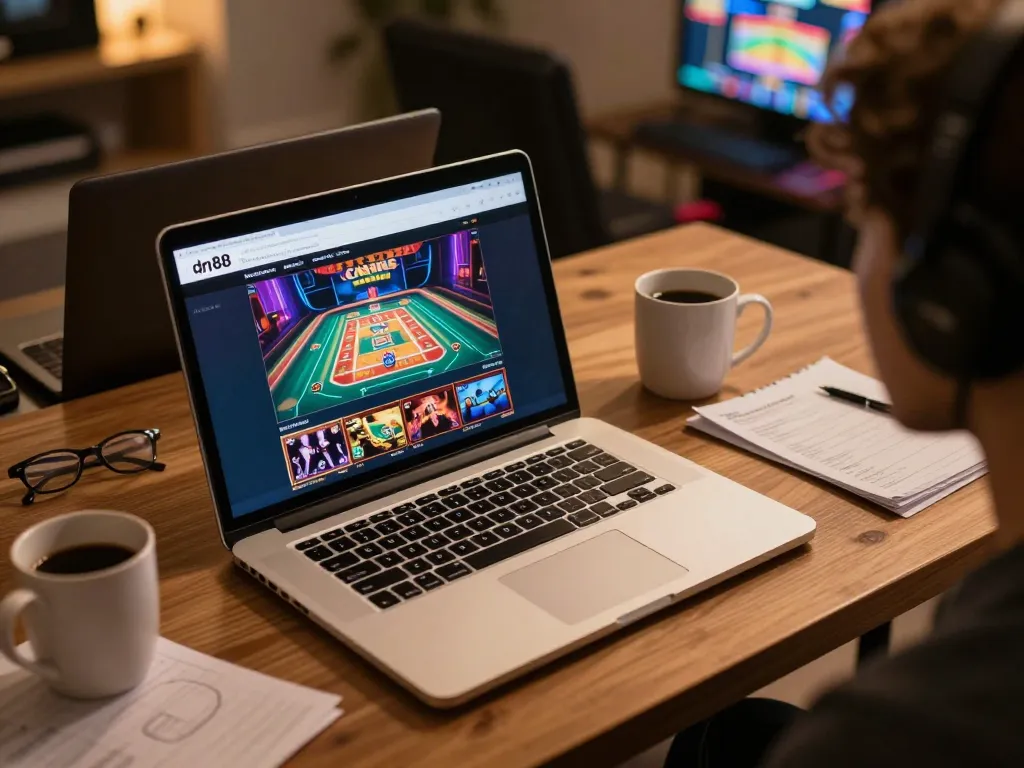 Player engaging with dn88 online casino on a laptop, showcasing dynamic gameplay and a comfortable home setting.