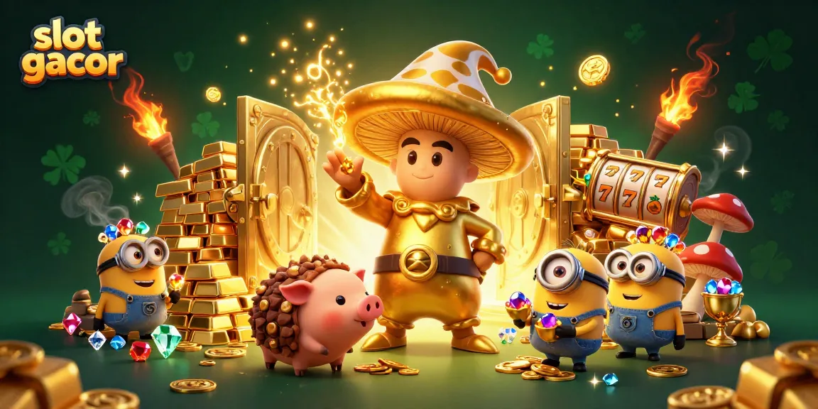 Engage with slot gacor excitement in a vibrant 3D illustration featuring a golden mushroom wizard and treasure.