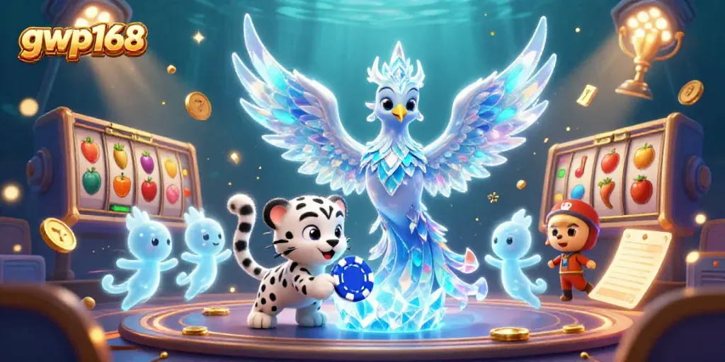 GWP168 menampilkan ilustrasi kasino dengan phoenix es, macan kumbang, dan elemen permainan slot.