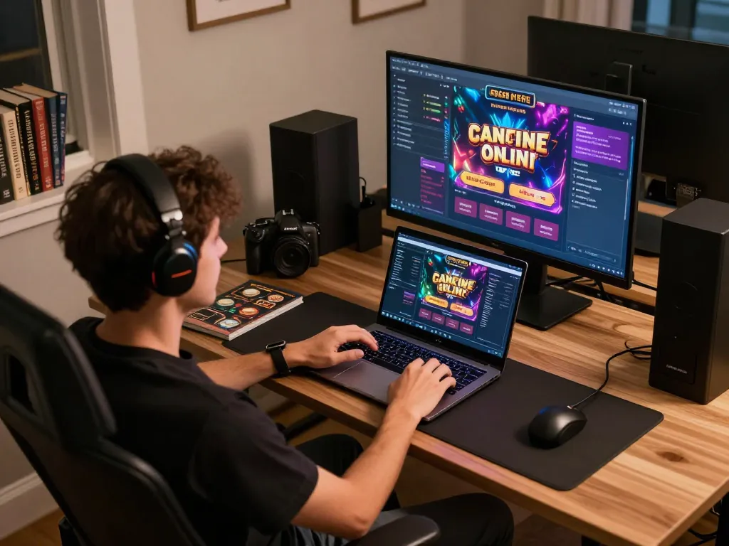 Engaging in Canadian online casinos with a laptop displaying gaming options and strategy notes