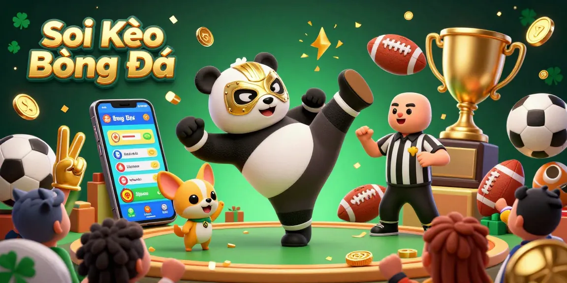 Soi Kèo Bóng Đá illustration featuring dynamic sports betting scene with animated panda and chihuahua among excited animal fans.