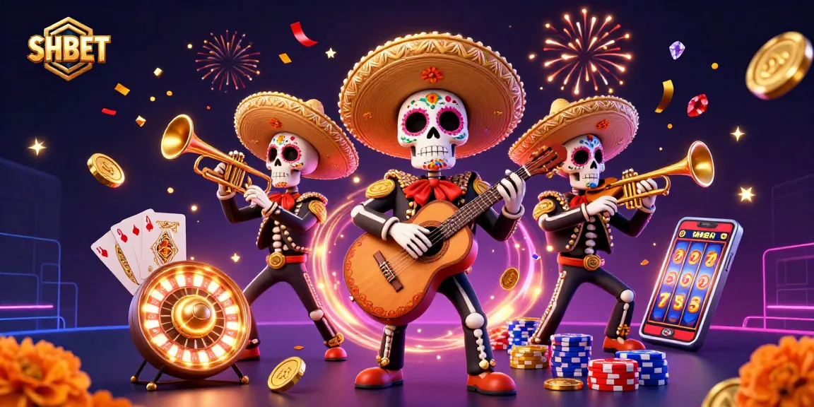 Experience thrilling action with SHBET's vibrant 3D casino scene featuring mariachis and classic gaming elements.