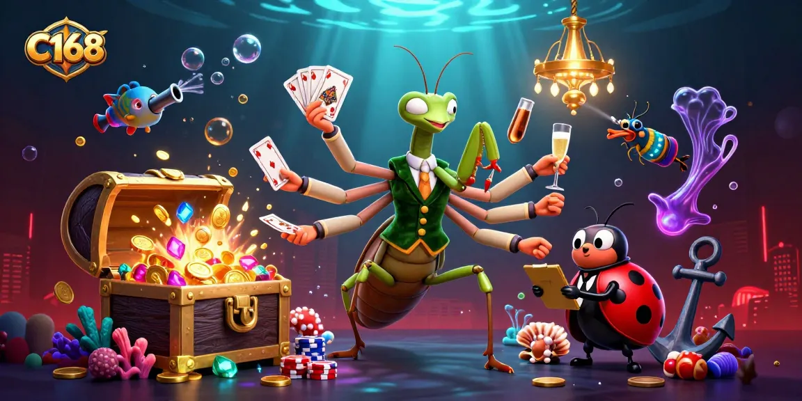 C168 showcases a vibrant casino scene with a giant mantis card sharp and ladybug pit boss managing a lively game.