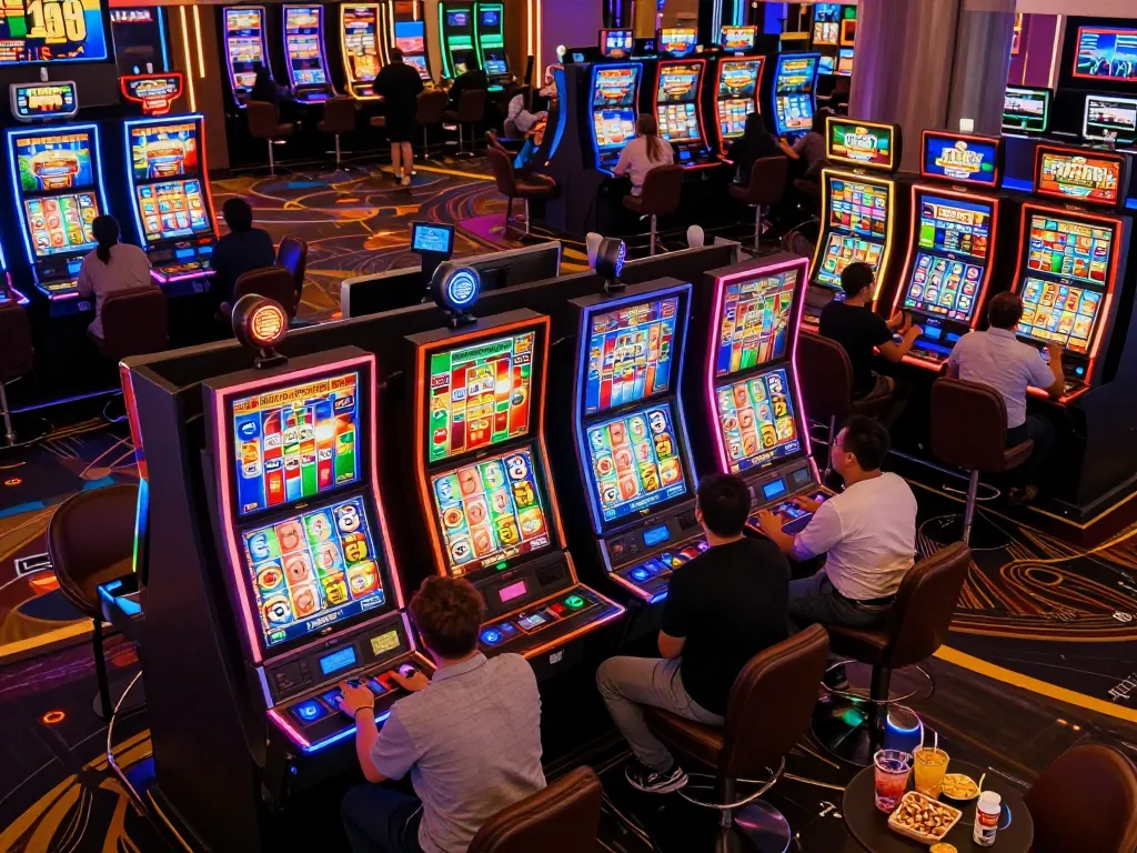 Players enjoying vibrant slot 4D machines in a busy casino, highlighting excitement and engagement.