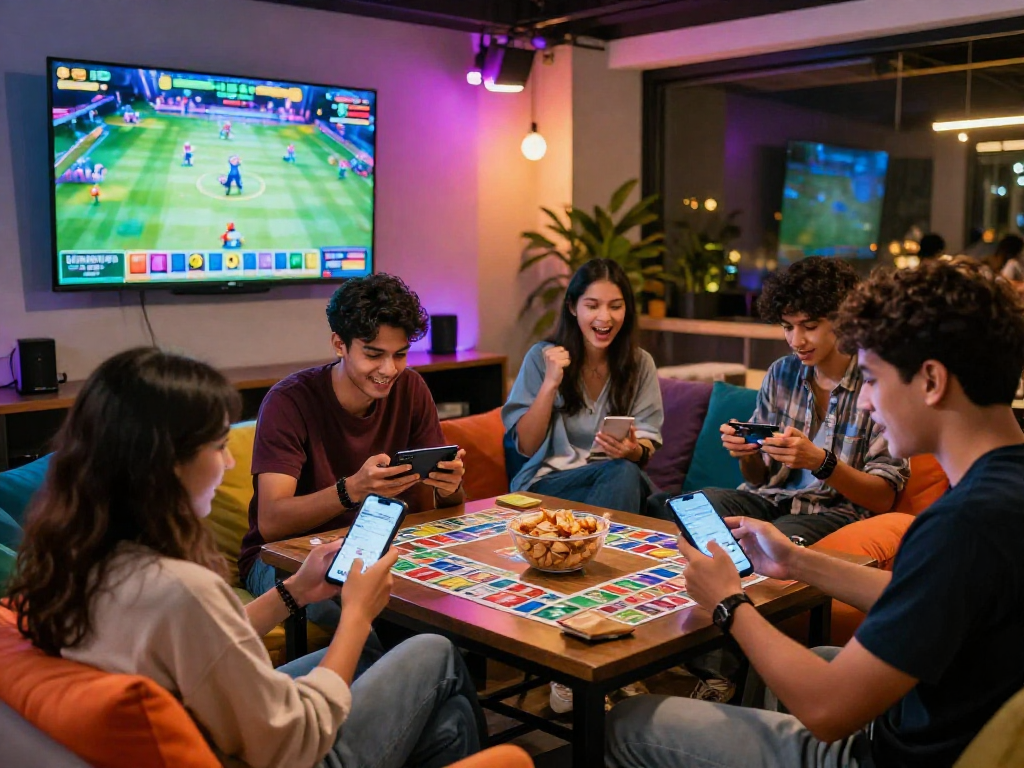 Indo Rummy players enjoying a lively gaming session in a vibrant lounge.